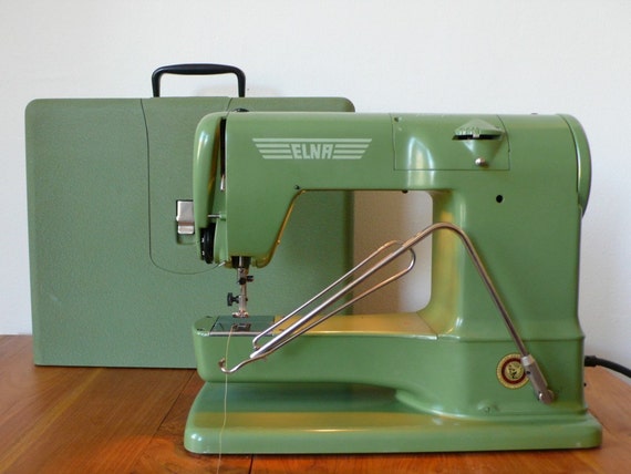 Elna+Transforma 1950's Swiss Elna Transforma Green Portable Free Arm Sewing Machine