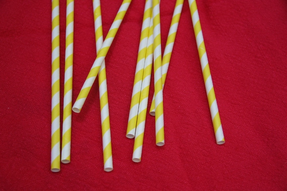 Paper Straws in Bright Yellow and White Stripes, Pack of 50 Il_570xn
