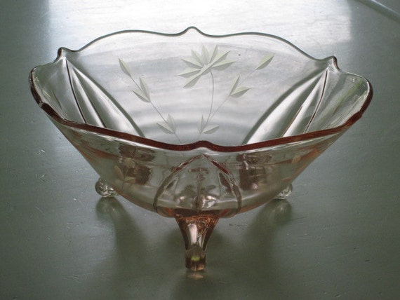 Vintage Etched Pink Depression Glass 3 Toed by whitefarmhouse