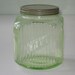TREASURY Large Antique Green Depression Glass Square Ribbed Canister Cookie Jar