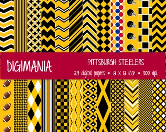 OFF %40 - INSTANT DOWNLOAD - Digital Paper Pack - Pittsburgh Steelers Colors - Gold, Black and White 24 Printable Papers