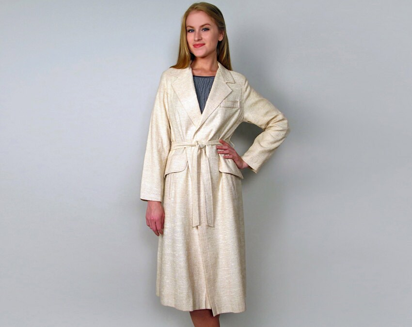 Cream Bouclé Belted Robe Style Trench Coat womens by tavernacular