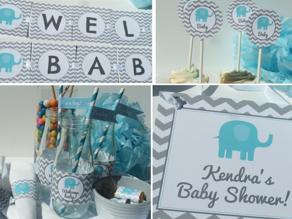 Elephant Baby Shower Decorations Party Package blue gray