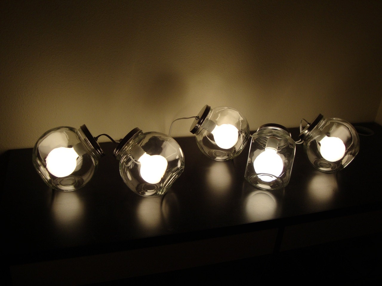 SALE Five Modern Glass Jar Lamps with Frosted Light Bulbs