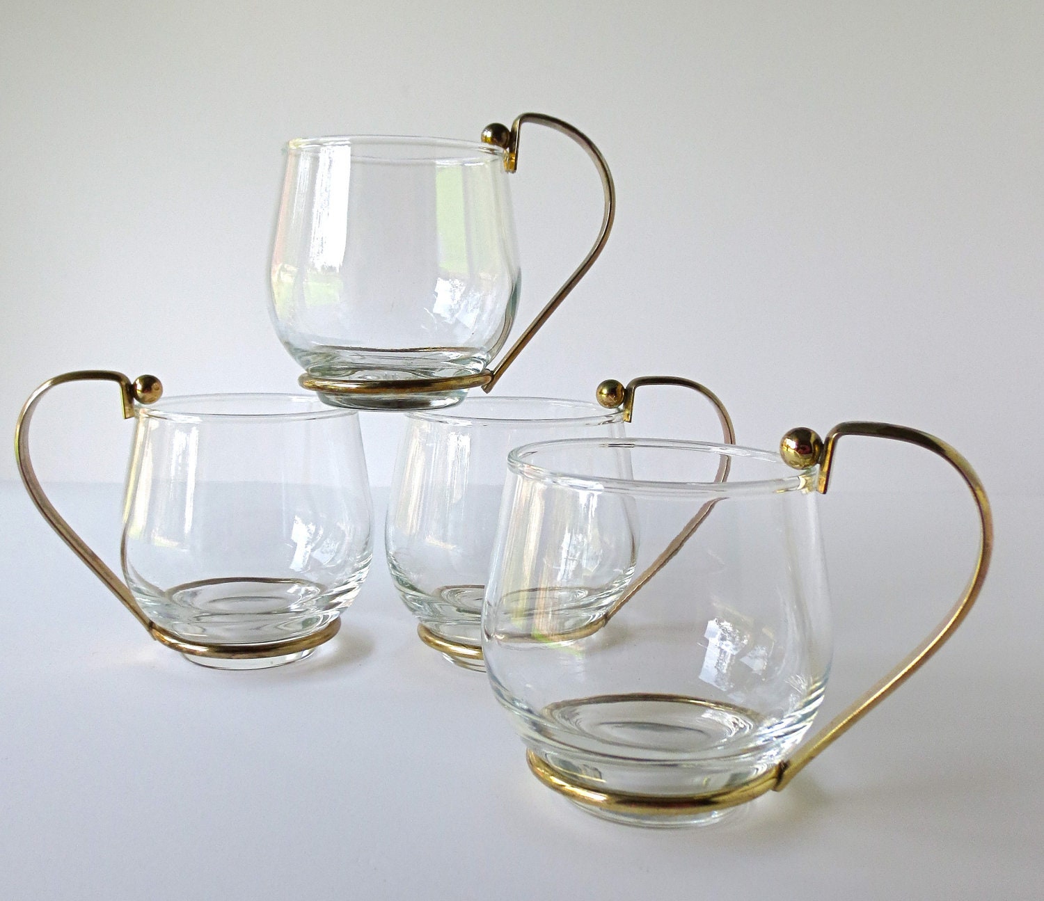 Vintage Mid Century Glass Mugs with Metal Handles Set of 4