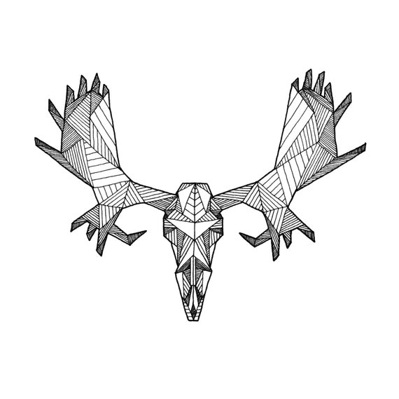 Items similar to Detailed Geometric Moose Skull Drawing 