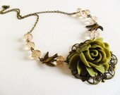 Olive Green Rose Necklace, Flower Necklace, with Palest Peach Crystal and antique bronze swallows  - vintage style