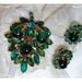 Green Rhinestone Leaf Brooch & Earring Set - Vintage Demi Parure 1496ag-012312000