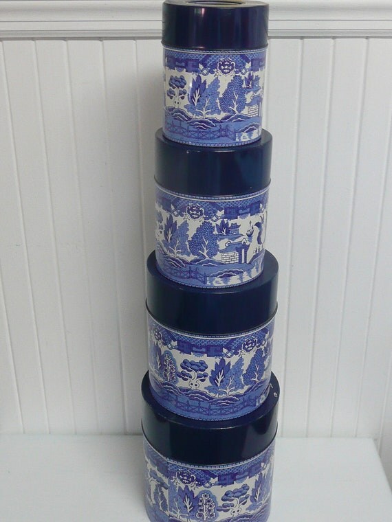 RARE 1960s Blue Willow Tin Metal Canister Set Complete