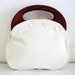 Vintage 1970s cream Bermuda bag/ preppy style/ wooden handles/ tan cotton canvas cover/ pearly buttons