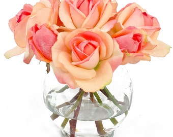 Real Touch Orange Rose & Bud Round Glass Artificial Faux Arrangement