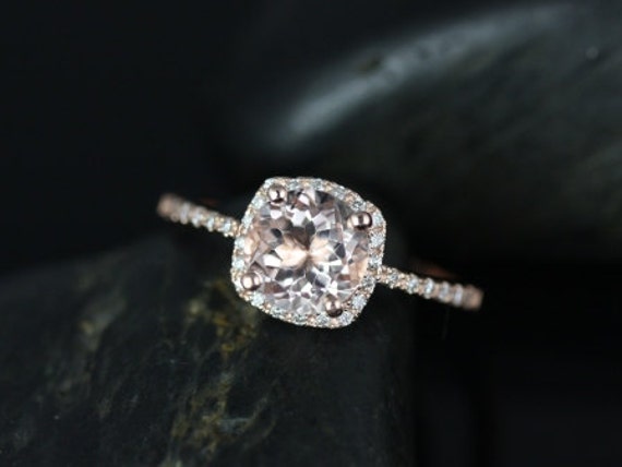 Barra Original Size 14kt Rose Gold Thin Morganite Cushion Halo Engagement Ring (Other metals and stone options available)
