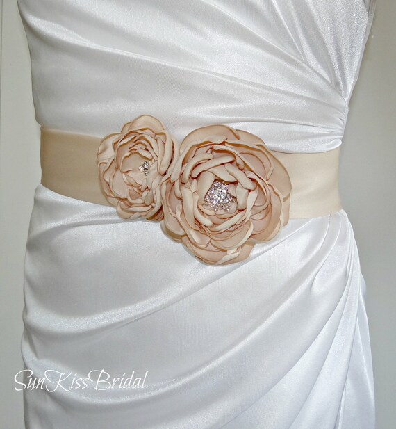 Simple Bridal Sash with Flowers and CrystalsSatin by SunKissBridal