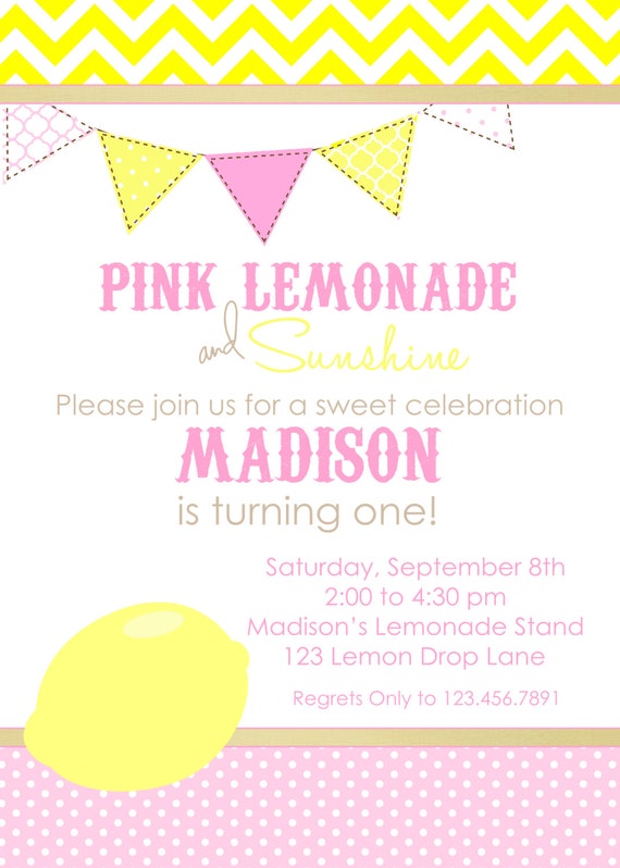 Pink LEMONADE Printable Birthday Invitation Pink by LollipopInk