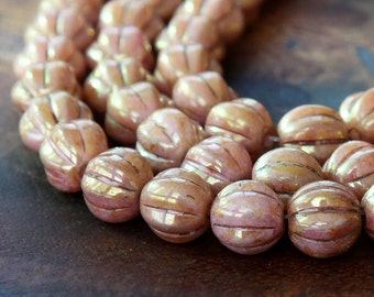 Opaque Rose Gold Topaz Luster Czech Glass Beads, 8mm Melon - 25 pcs - eP65491-08