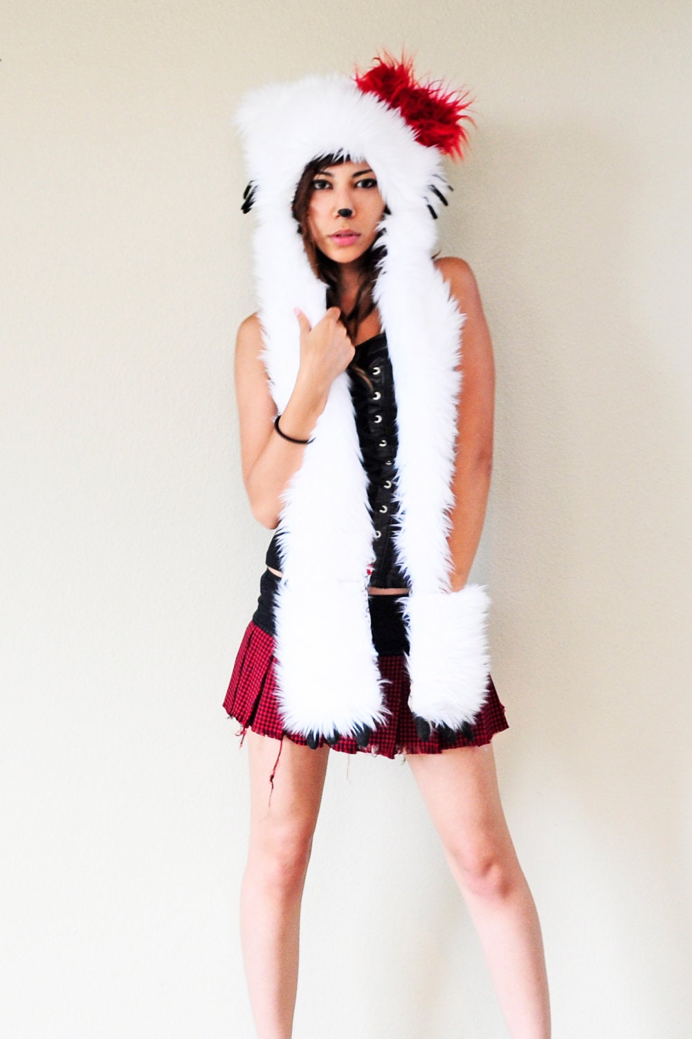 Hello kitty cat ear faux fur animal hood furry scoodie