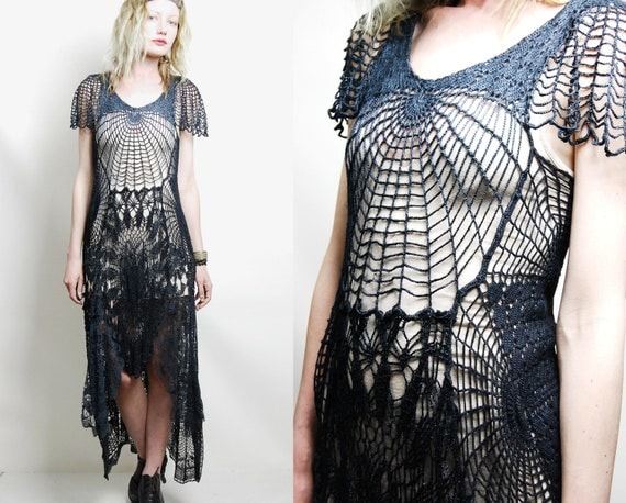 Crochet Dress VINTAGE LACE Black Cobweb SPIDERWEB by cruxandcrow