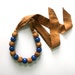 Fabric Bead Necklace, Gold Silk & Bright Blue Beads, Nautical Preppy Fashion, Statement Necklace, Gift Under 25 for her