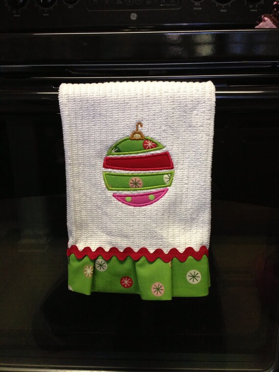 Items similar to Christmas hand towel with whimsical ornament applique and ruffle trim ric rac