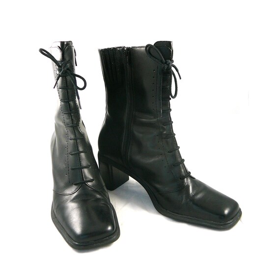 Black leather granny boots lace up victorian by CuratedCloset