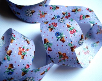 Gardening Pots And Dots Cotton Ribbon Trim, Multi Color / Lavender, 1 3/8" inch wide, 1 yard, For Victorian & Romantic Crafts