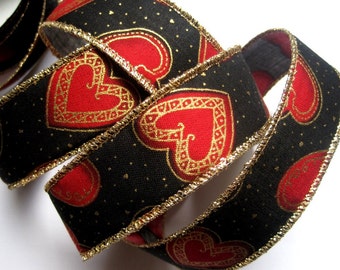 Valentine Hearts Wired Ribbon, Multi / Green , 1 3/8 inch wide, 1 yard, For Gift Packing, Wreaths, Center Pieces, Home Decor