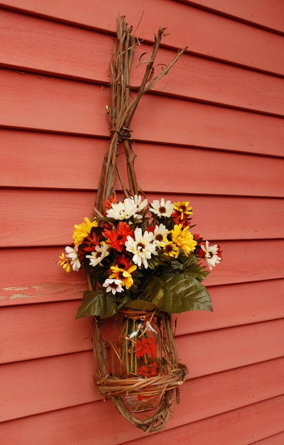 Grapevine Wall Basket Milk Bottle Planter Vase Rustic Orange