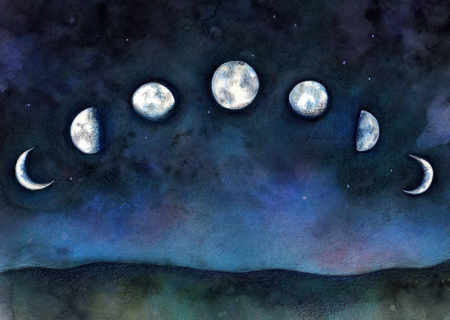 PRINT 5 x 7 Moon Phases art watercolor print Lunar night sky