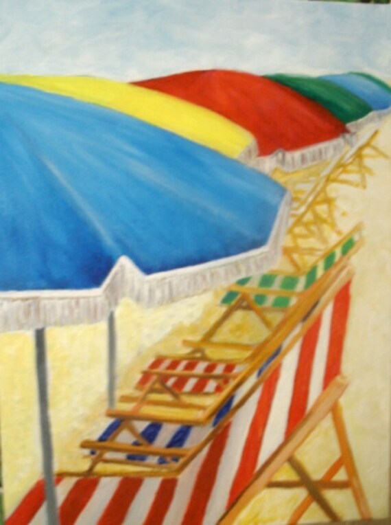 Beach Chairs and Umbrellas oil painting 12 X 16 inches canvas
