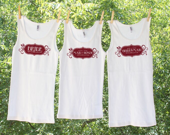 Bridesmaid Wine Label Inspired Set of 4 Tanks Personalized with date and bride & groom's names // Bachelorette Party Shirts