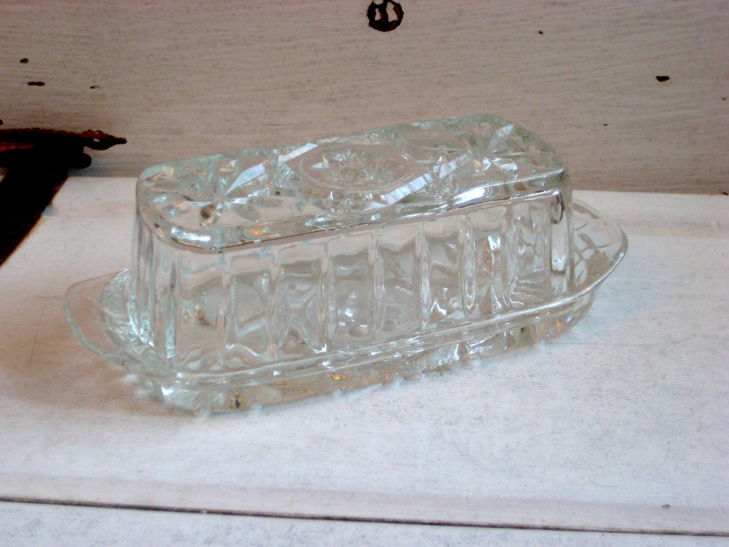 Covered Butter Dish Cut Glass Star and flower pattern