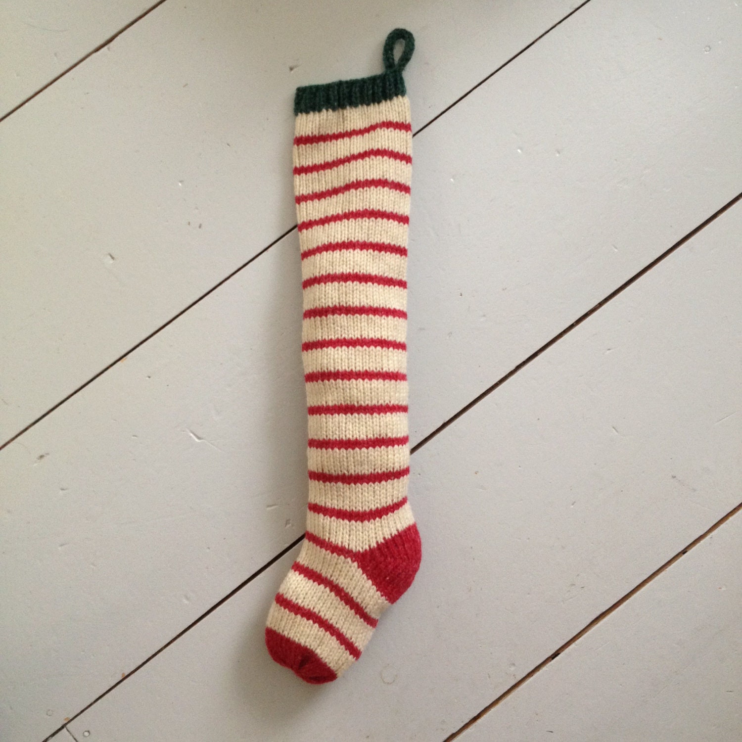 Handknit Christmas Stocking White & Red Fairytale Stripes