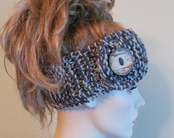 Headbands Earwarmers Turban Buttons Chunky Knit Grey Variegated Fall Winter Accessories Headcovers Womens Girls Knit Headwraps
