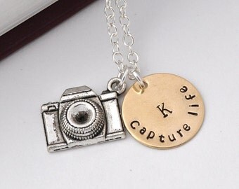 Personalized initial camera necklace, Capture Life capture moment, photographer, monogram, hand stamped, custom necklace