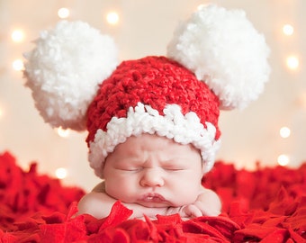 Baby Christmas Hat Baby Santa Hat Newborn Baby Girl Hat Newborn Baby Boy Hat Pom Pom Hat Red White Christmas Photo Prop Newborn Santa Hat
