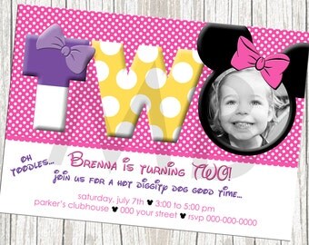Minnie Mouse Birthday Invitation - Pink and White, Custom with Photo
