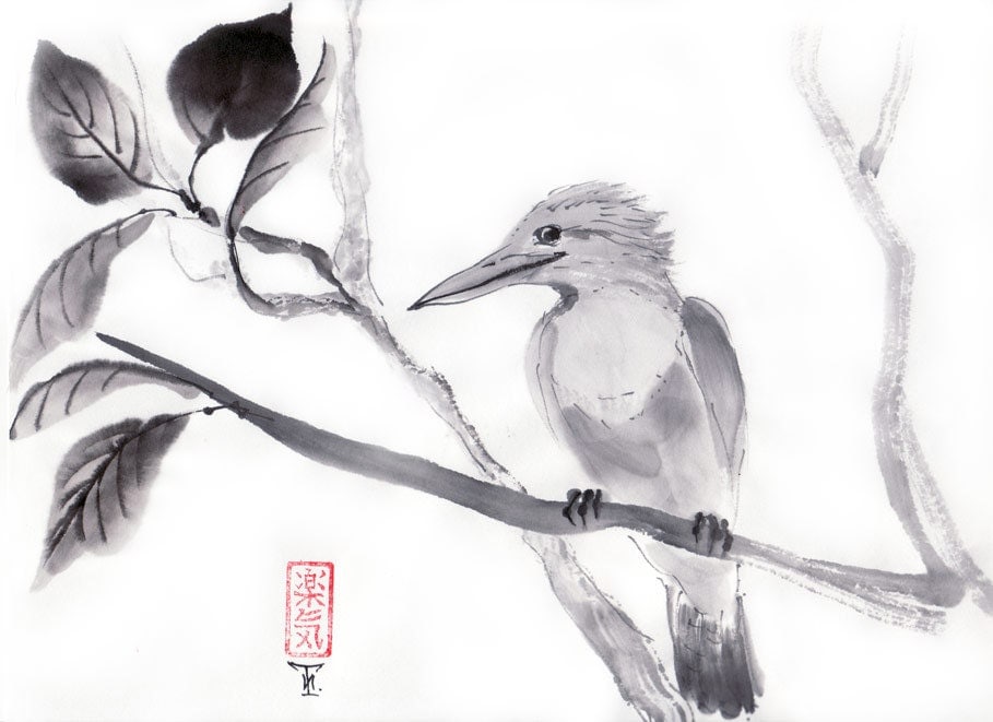 Original Sumi-e Brush Painting Cunning Kingfisher by ZenPresent