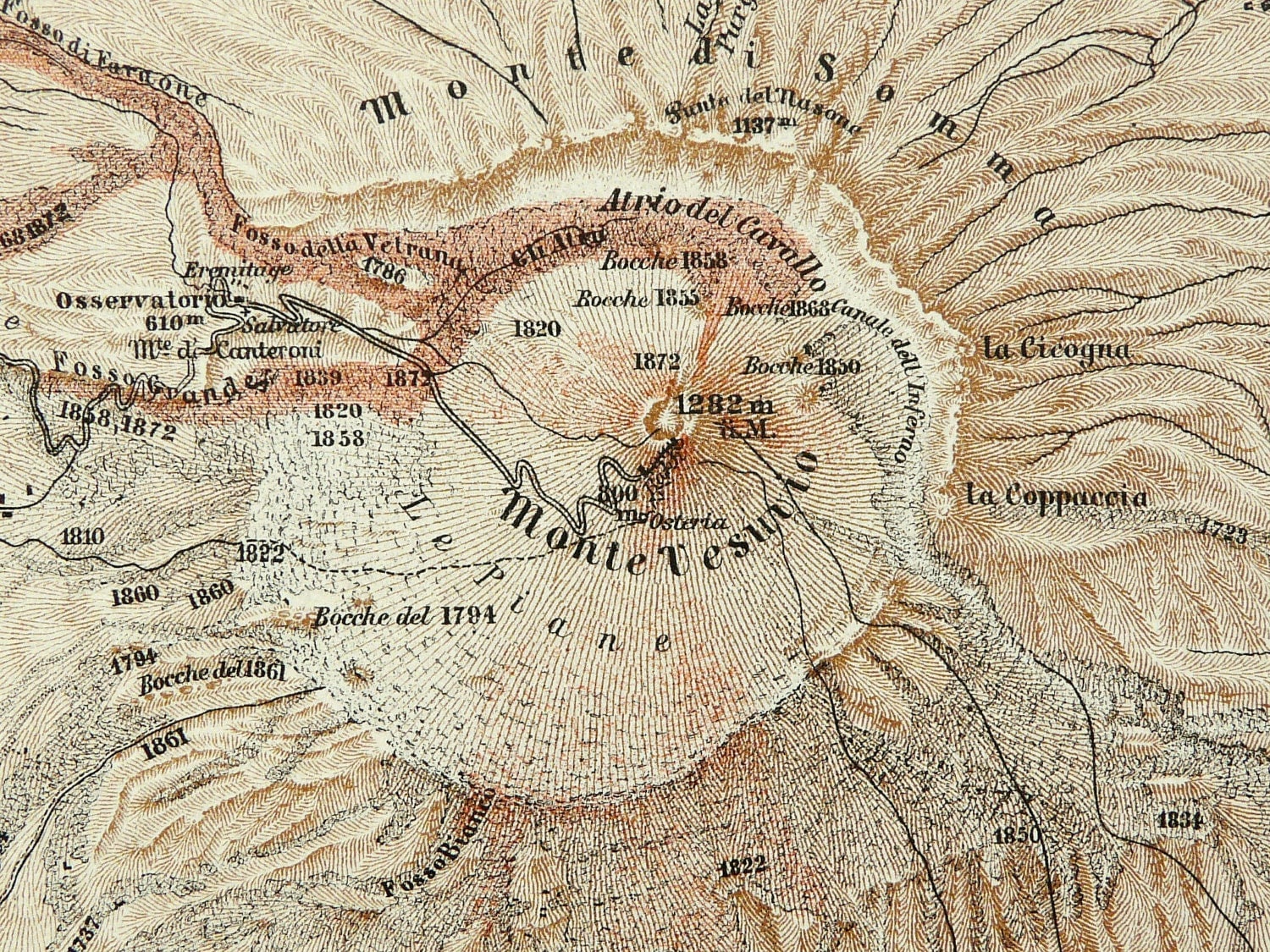 1890 Antique map of the MOUNT VESUVIUS VOLCANO. Pompeii. 122