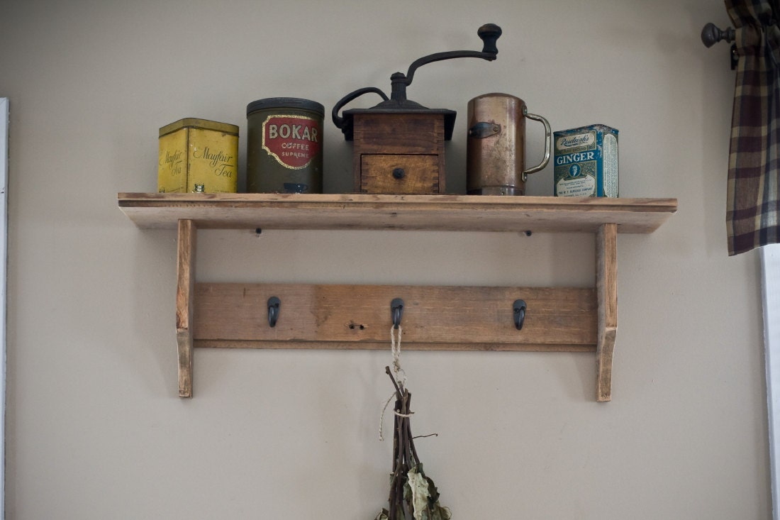Reclaimed Barnwood Shelf with Hooks