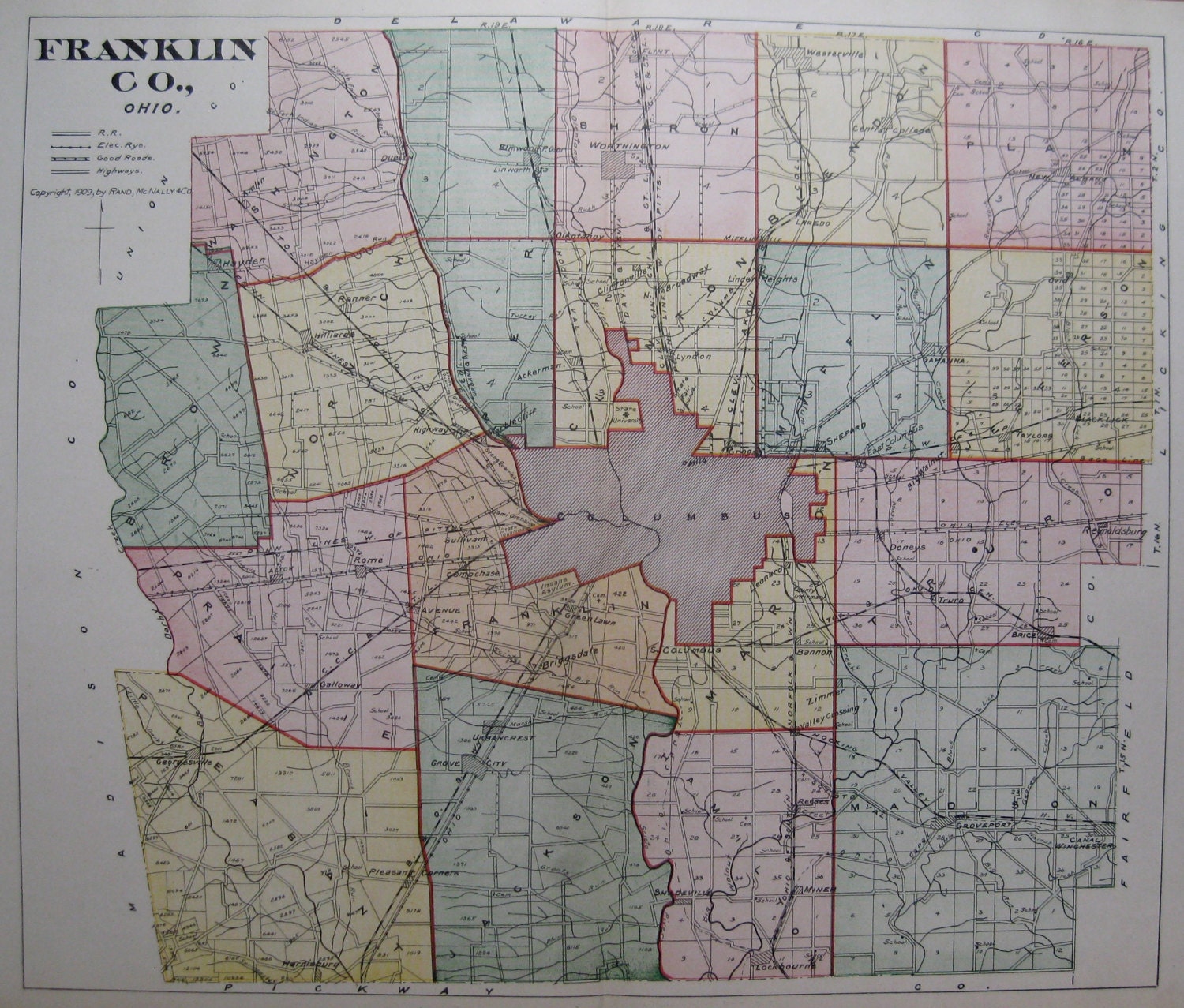 1909 Antique FRANKLIN County OHIO Map with COLUMBUS Vintage