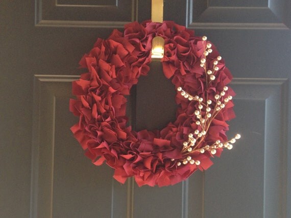 Red Fabric Rag Wreath with Berries