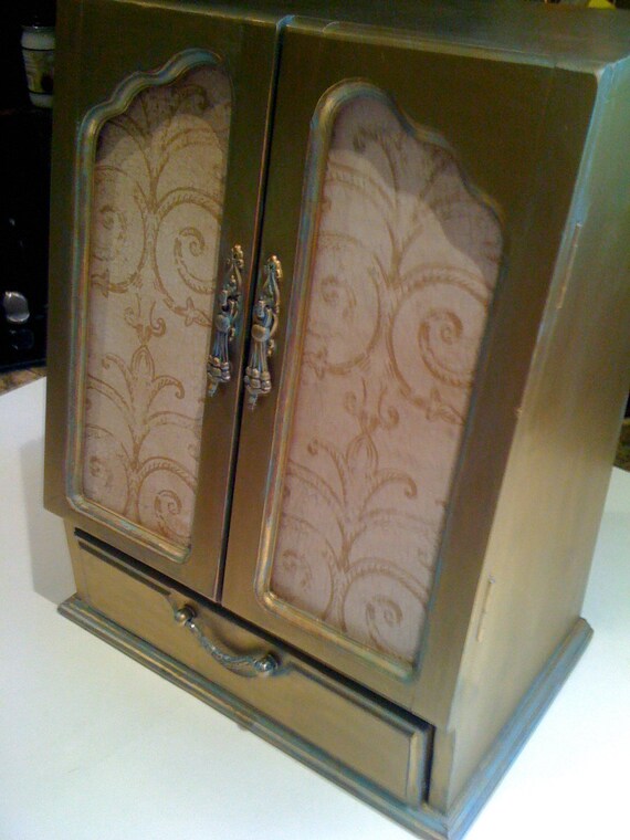 Handpainted Gold Leaf Jewelry Box Armoire with Red Velvet