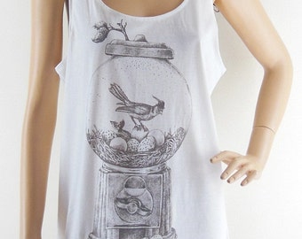 Gum Ball Machine Family Bird Eggs Animal Style Tank Top gift graphic tee funny tee workout tee Women T-Shirt White Tunic Screen Print Size M