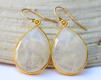 Rainbow Moonstone Earrings - Gold Earrings - Gemstone Earrings - June Birthstone Earrings - Tear drop earrings - dangle, Bridesmaid jewelry