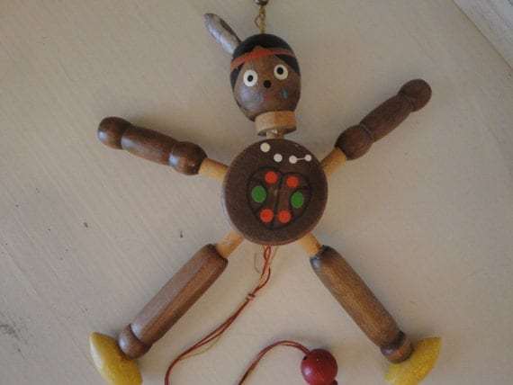 Vintage Wooden Pull String Toy Native American Boy