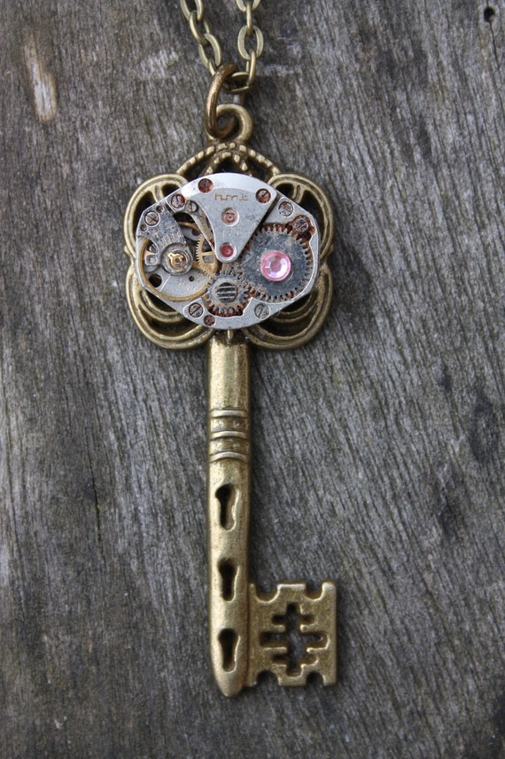 Steampunk Key Necklace with pink gem