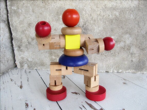 Wooden Cube Robot Toy / Stretchable / Poseable Wood Block Man