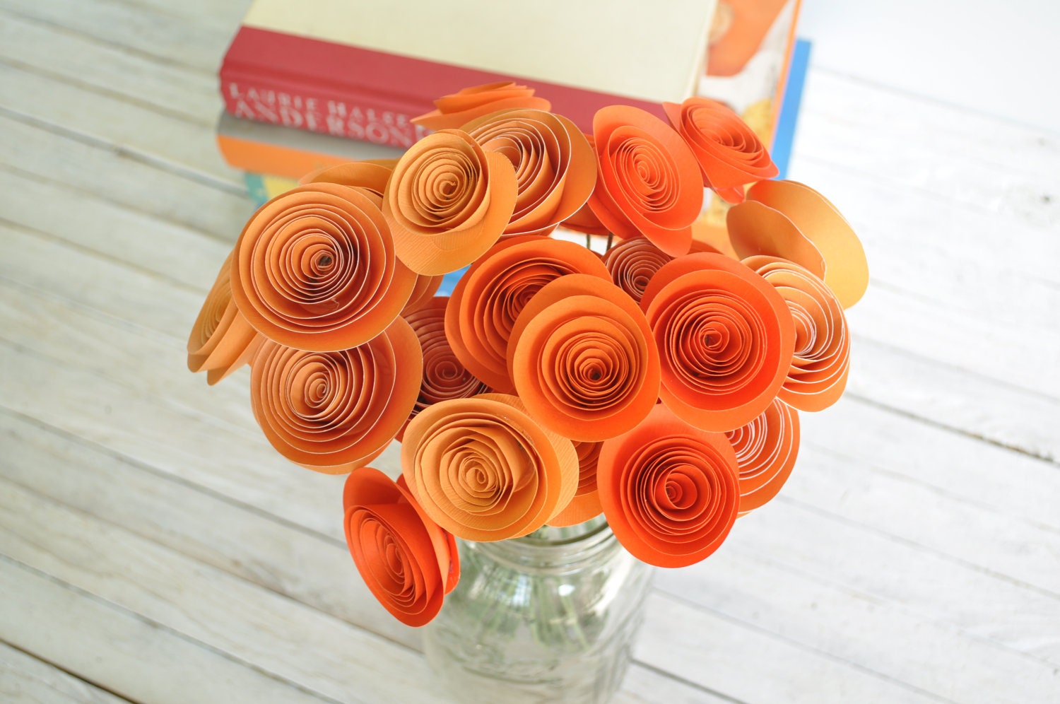 24 Orange Paper Flowers on Stems Bouquet of Paper by lillesyster