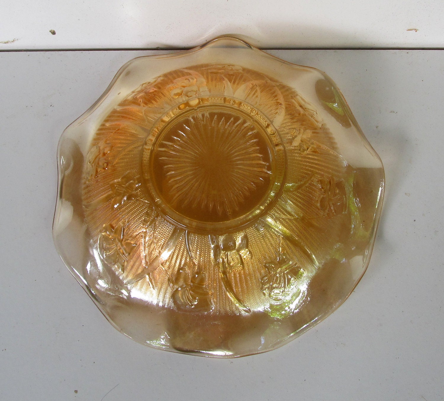 iris and herringbone depression glass ruffled fruit bowl