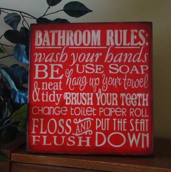 Bathroom Rules Typography Word Art Primitive Wooden Sign